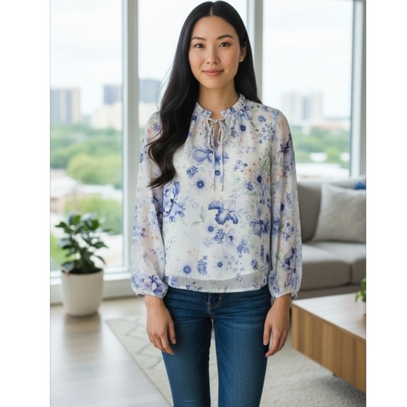 Rachel Zoe XS Floral Blouse Sheer Long Balloon Sleeve Ruffle Neck Tie Top Nwot - Picture 1 of 8